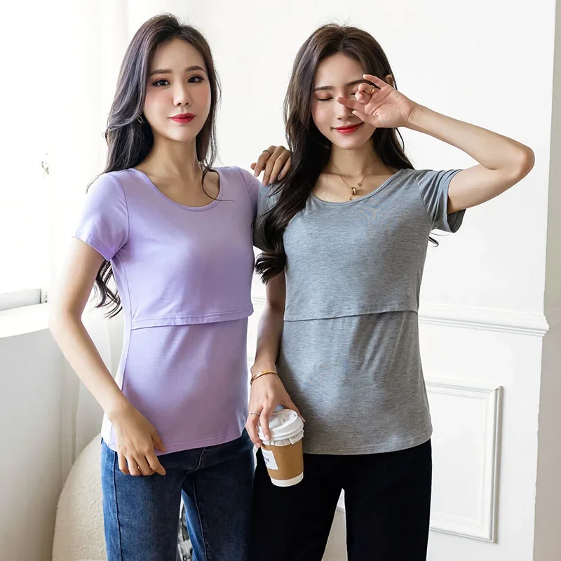 

Summer Womens Maternity Clothes Breastfeeding Clothing O-Neck Solid Color Short Sleeve Pregnant Clothes Pregnancy T-Shirt Top