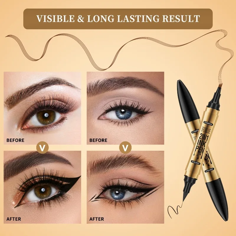 Dual-Ended 4-Claw Eyebrow Pen + Eyeliner 2-in-1 - Waterproof Smudge-Proof Wild Eyebrow 4-Prong Pencil Easy To Use Makeup 1PCS