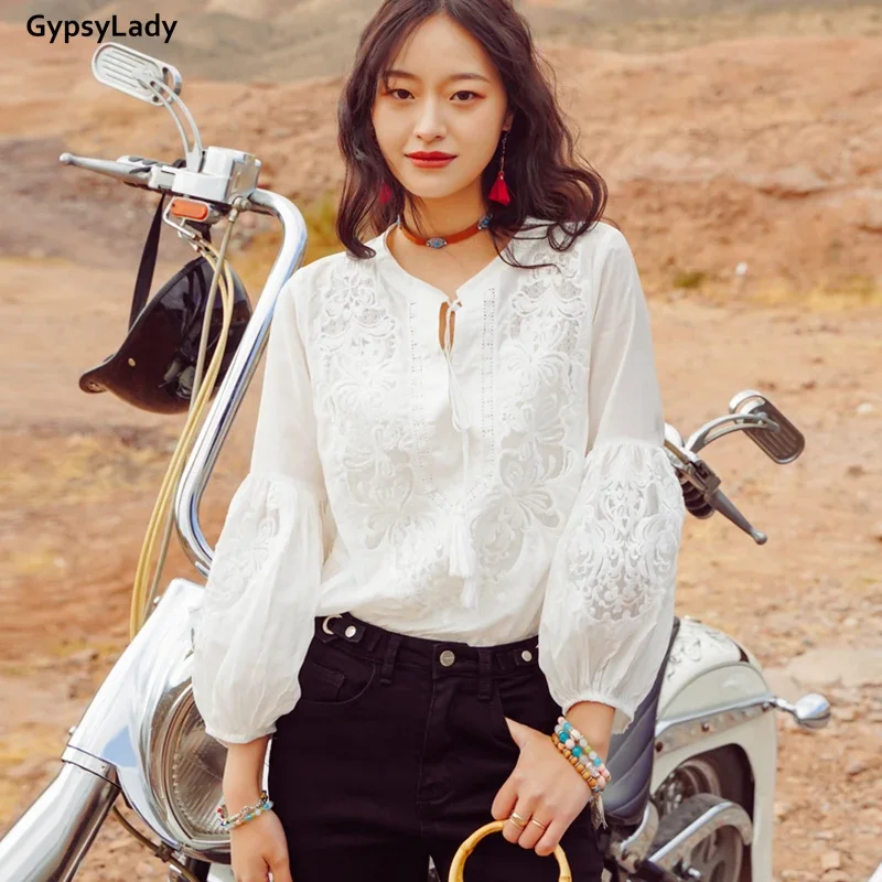 GypsyLady Silk White Embroidery Blouse Shirt 2 Piece Set Lace Sheer Blouse Women Long Lantern Sleeve Sexy Chic Holiday Top Shirt