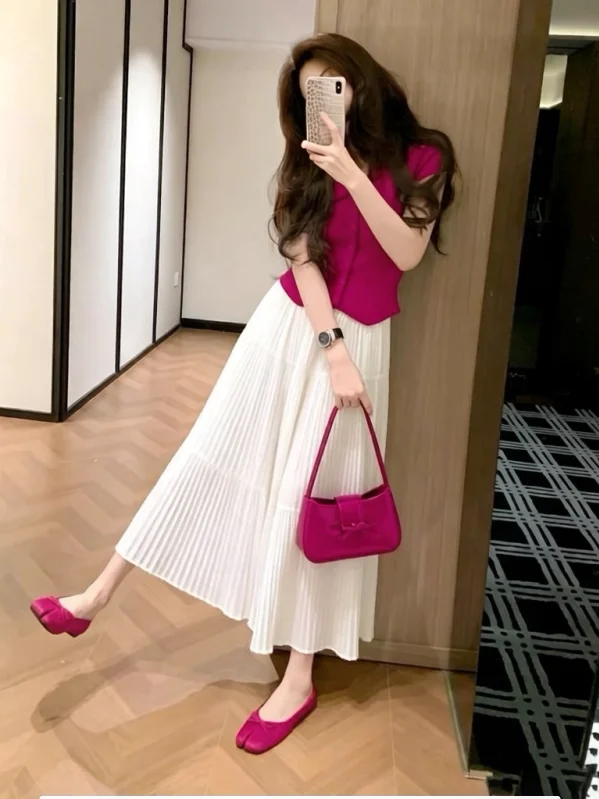 

Unique Beautiful Soft Pink Women's Two-Piece Set Casual Style Summer Fashion High Waist Cotton Short Sleeve Top