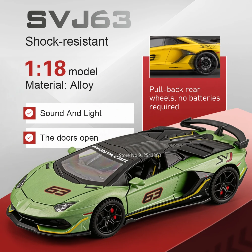 

Модель автомобиля 1:18 SVJ63 Huracan, игрушечная машинка с открывающимися дверями, звуком и светом, откатным механизмом и амортизацией, подарок для парня на праздник