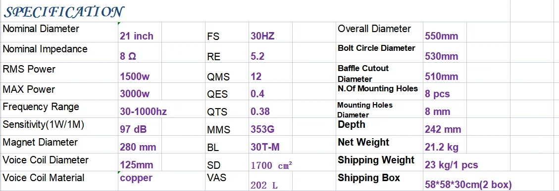 21 Polegada 2000w Pro Audio Dj Sistema de som Bobina de 5 polegadas Subwoofer duplo externo de 21 polegadas