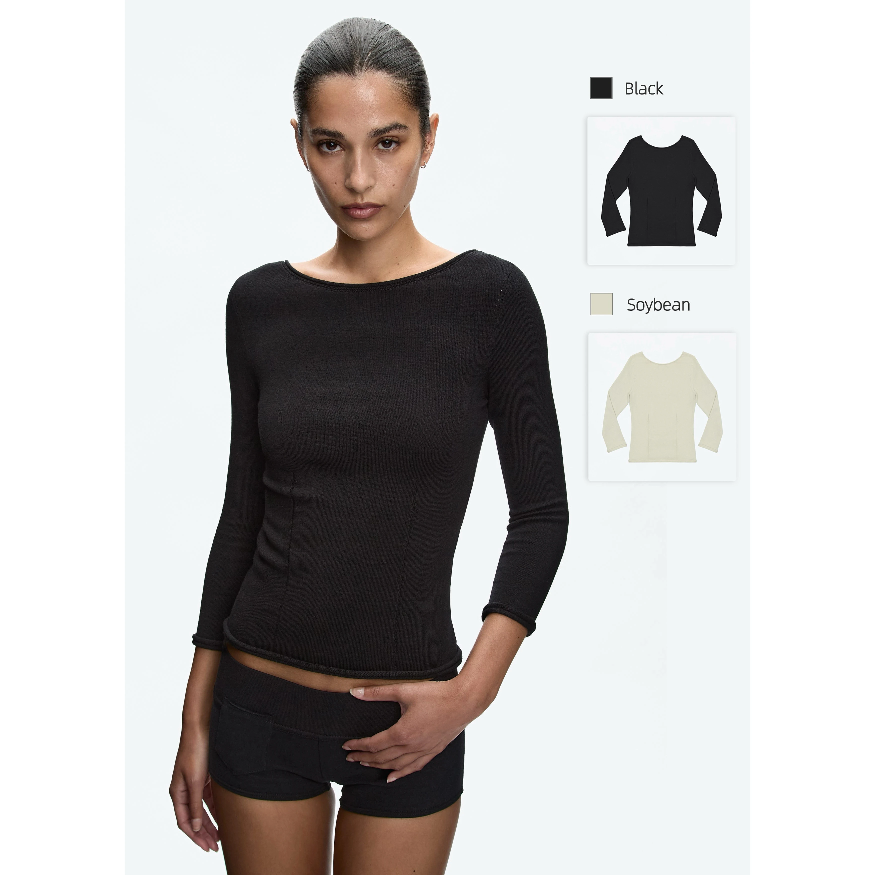Tank Reversible Base Layer Apricot Three-Quarter Sleeve Knit Sweater Black Crew Neck Warm Top for Outdoor Activities
