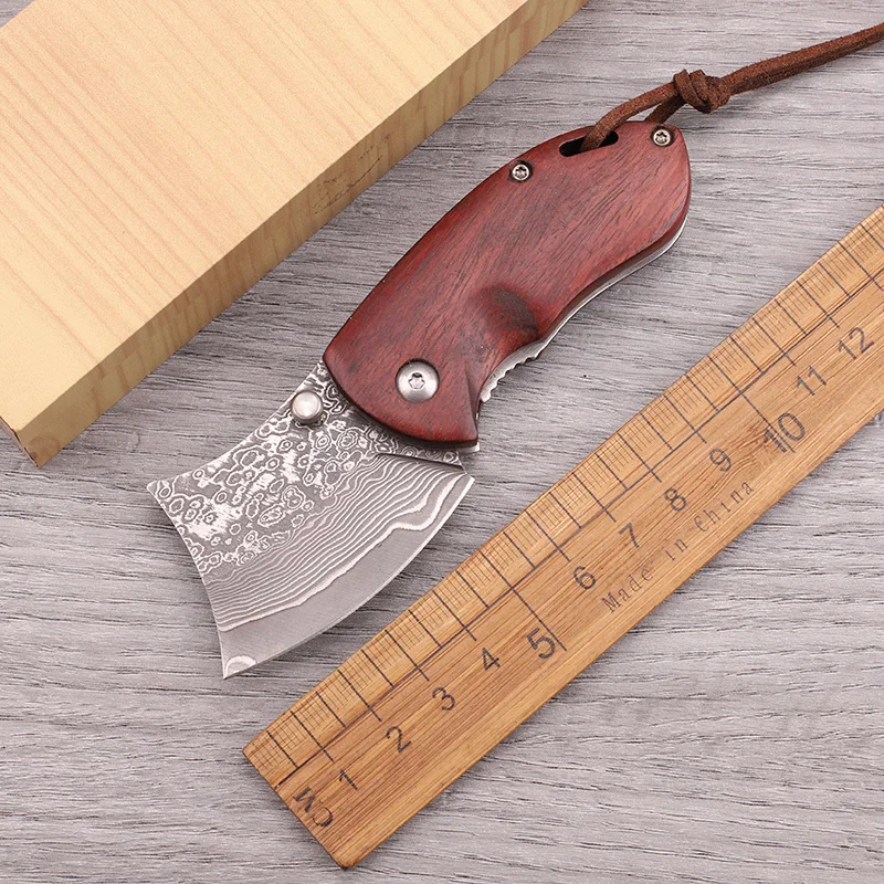 

Damascus Steel Blade Sandalwood Handle Pocket Mini Folding Knife Outdoor Survival Camping Fruit Collection EDC Tool