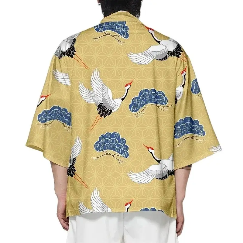 

Summer Crane Print Kimono Men Hawaiian Shirt Trendy Beach Tops Cosplay Yukata Bathrobe Haori Loose Kimono Fashion Women Outwear