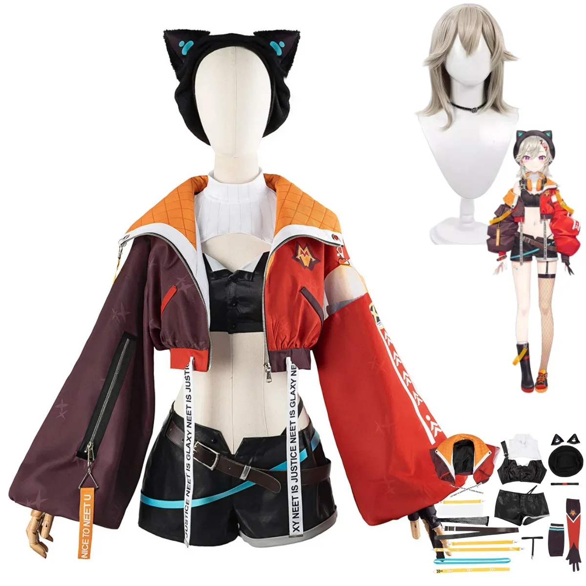 NIJISANJI Virtual YouTuber Komori MET Cosplay Costume Virtual Character Short Coat Uniform Wig Full Set Woman Sexy Carnival Suit