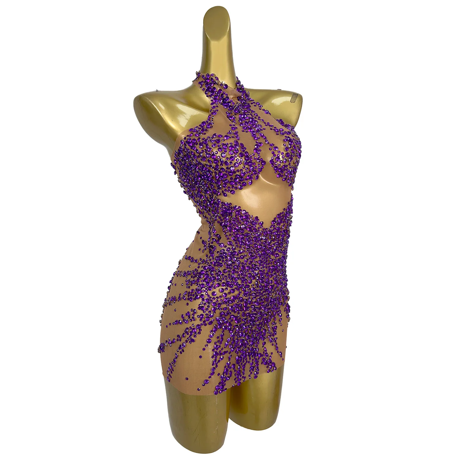 ชุดราตรีผู้หญิง Huatuo ดีไซน์หรูหรา สีม่วง ประดับคริสตัล 3 มิติ เซ็กซี่ ผ้าตาข่ายซีทรู กระโปรงโชว์สะโพก เหมาะสำหรับงานไนต์คลับและงานเทศกาลดนตรี