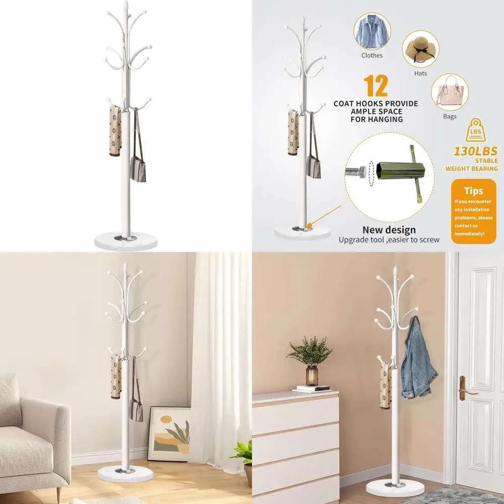 

Stylish Freestanding Coat Rack with 12 Hooks and Natural Marble Base for Entryway and Hallway