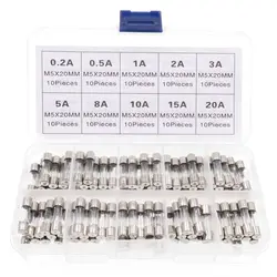 100Pcs Fast-Blow Glass Fuses Assorted Kit 5x20mm 0.2x0.78 Inch F10AL250V 0.2A 0.5A 1A 2A 3A 5A 8A 10A 15A 20A