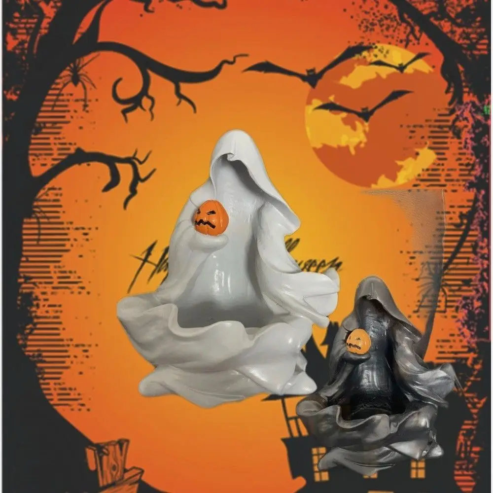 

Creative Cute Halloween Ghost Statue DIY With Pumpkin Meditation Ghost Sculpture Cartoon Resin Candlestick Ornament Party Gifts