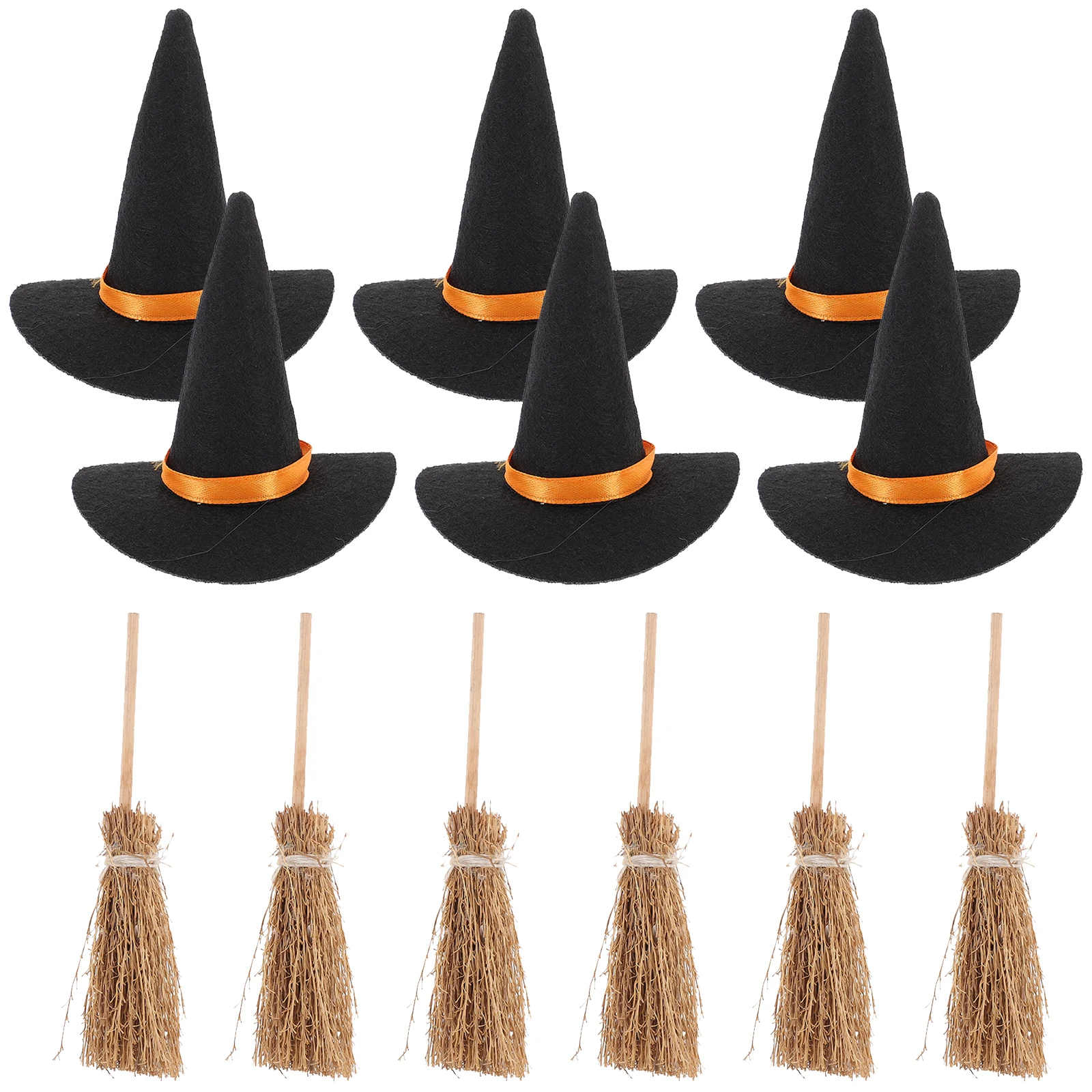 

6 set Mini Hats Felt Craft Decoration Miniature Witch Hat 7Hats 7Brooms DIY Halloween Supplies Tiny Broom Decor