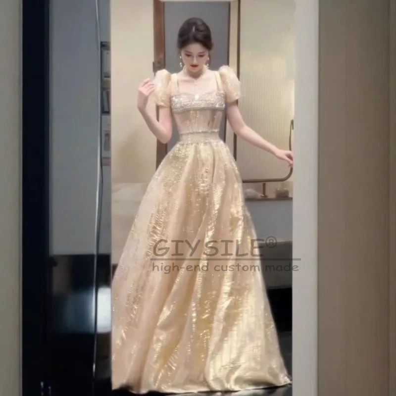 GIYSILE Customized Champagne-colored Square Collar Evening Dress 2025 New Bubble Sleeve Luxury A-line Skirt Sexy Party Dresses