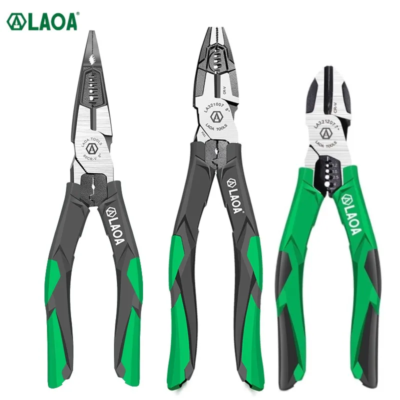 LAOA 3PCS Cr-V Steel Diagonal Pliers Universal Long Nose Pliers Electrician Nippers Wire Stripper Cable Cutter Terminal Crimper