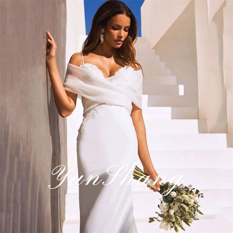 Yunshang Elegant Mermaid Wedding Dress Women Lace Open Back V-Neck Off Shoulder Bridal Gown Train Vestido De Novia Customized