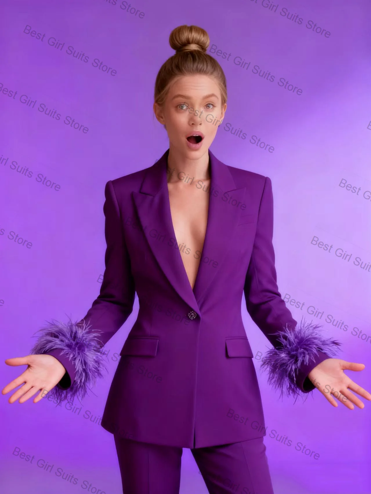 

Feather Women Suit Pants Set 2 Piece Purple Cotton Blazer+Trousers Formal Office Lady Jacket Customized Wedding Coat Outfit