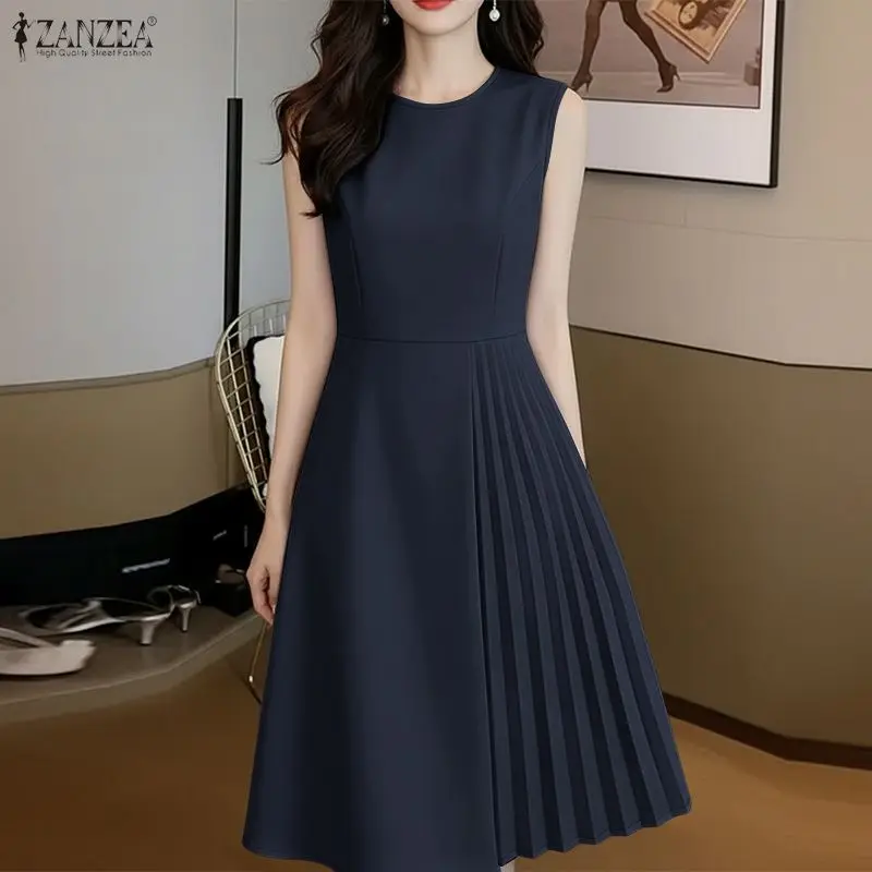 ZANZEA Elegante Damenkleider, O-Ausschnitt, ärmellos, geraffte Taille, plissiert, A-Linie, knielanges Kleid, Sommerkleid für den Arbeitsweg, Robes Femme