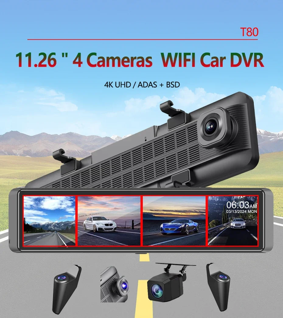 11.26 Inch 4CH Mirror Dash Cam 4K Front Rear View Mirror 4 Cameras Video Camera with ADAS BSD WIFI 24H Parking DVR
