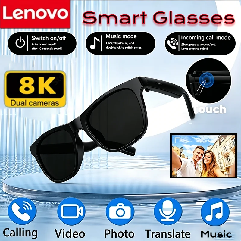 Lunettes intelligentes Lenovo 8K AI avec télécommande, appareil photo tactile, enregistrement, traducteur, assistant vocal, Bluetooth sans fil