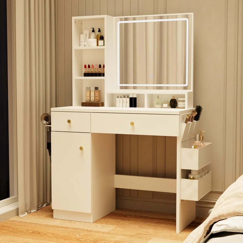 Makeup Vanity Desk with Mirror and Lights, Vanity Desk with 1 Cabinet, 2 Drawers & Storage Shelves, Vanity Table with S