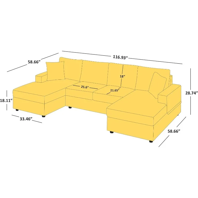 116'' U Shaped Sectional Sofa Couch, Faux Leather Modern Cozy Jumbo Size 6-Seater Sofa, Double Chaise Longue，Living Room Sofa