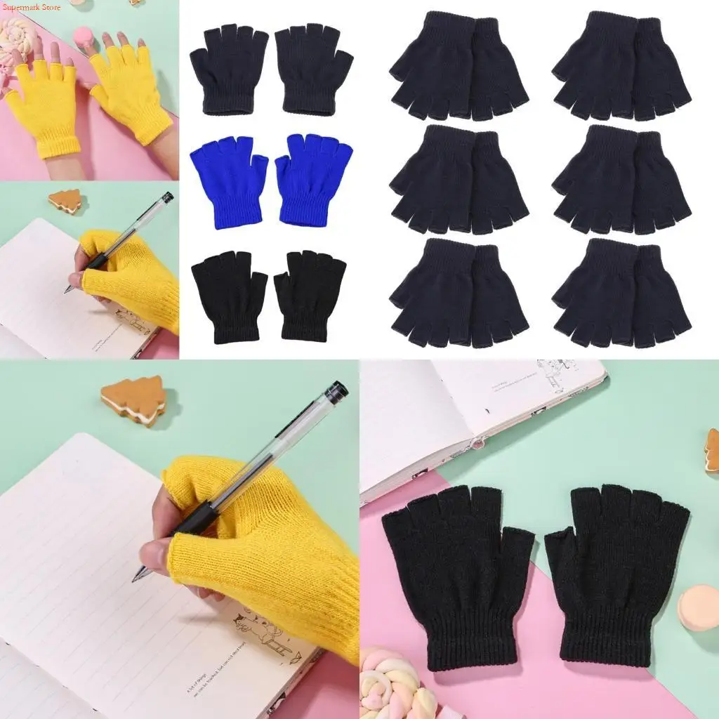 

Q5WE 1/6 пары зимних вязаных перчаток с половиной пальца для взрослых, цветные теплые варежки без пальцев