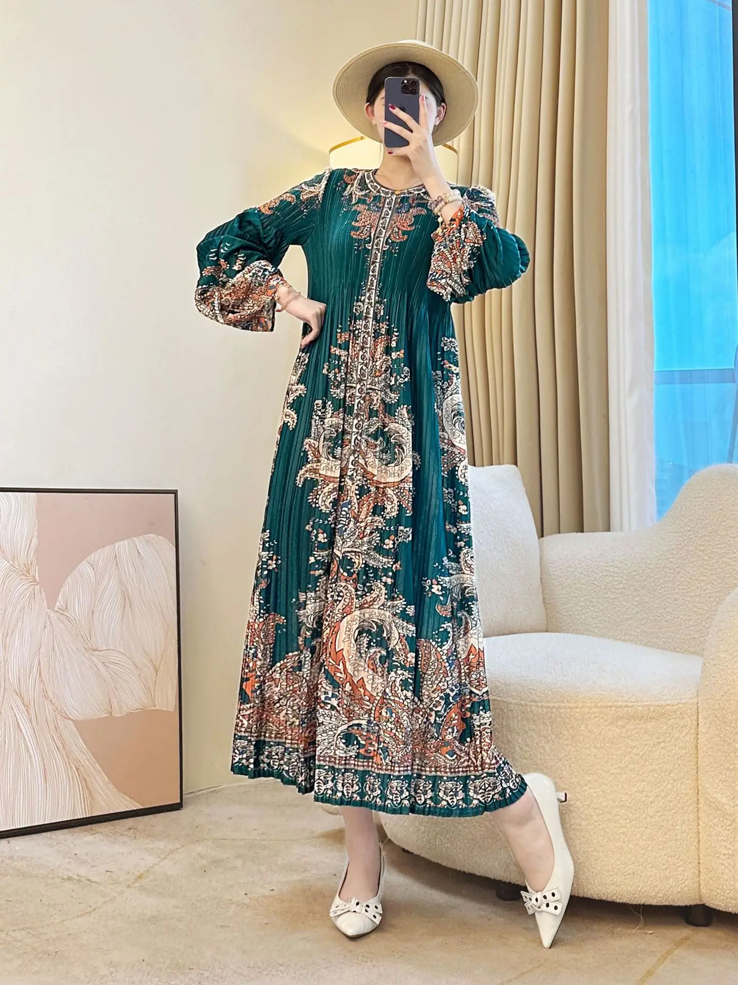 

Miyake Pleated Dot Printting Women's Three Quarter Sleeve Dress Elastic Loose Stand Collar Blue Famale Clothing Chic 2025 New