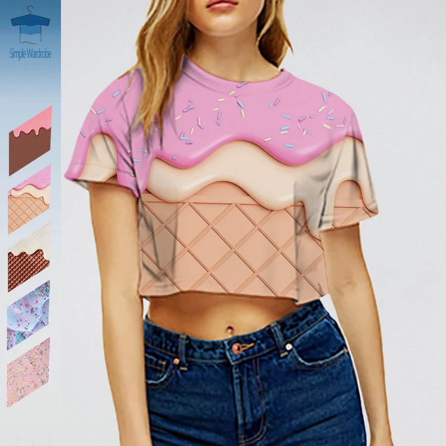 Round Neck Short Sleeve Crop Top Hot Girl Summer Sweet T Shirt For Women Ice Cream 3D Print Graphic Clothing Y2K 90s Streetwear