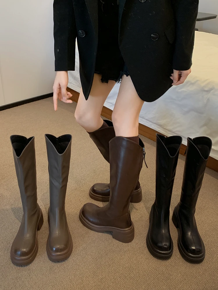 

Brand Women's Shoes High Heel Boots Zipper Boots-Women Round Toe Fashion Stiletto 2024 Ladies Autumn Over-the-Knee PVC Synthetic