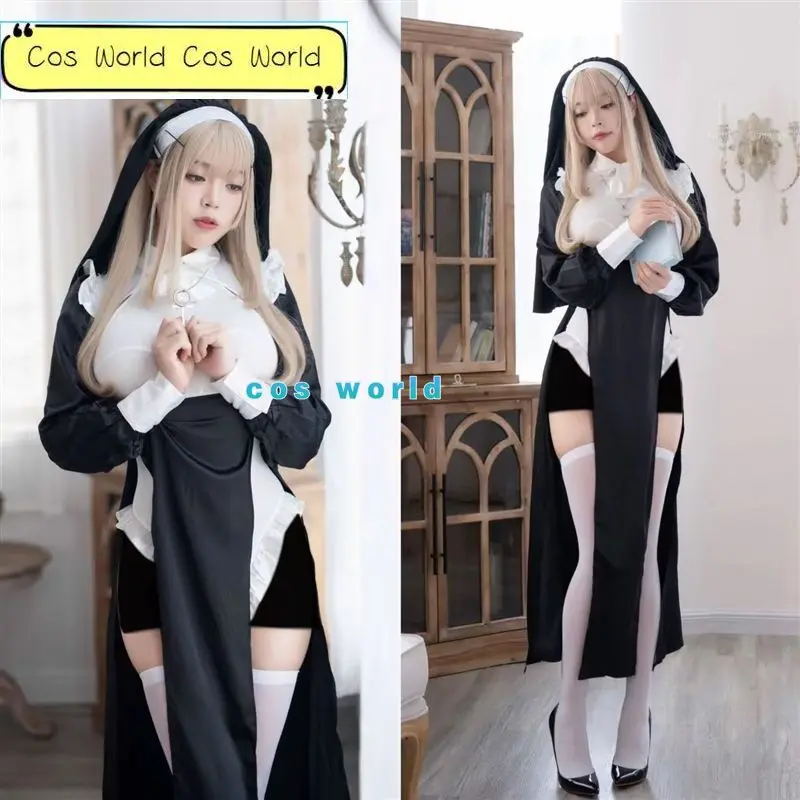 

Nun Cosplay Costume Wig Women Fancy Dress Halloween Party Roleplay Outfit Adult Black Uniforms