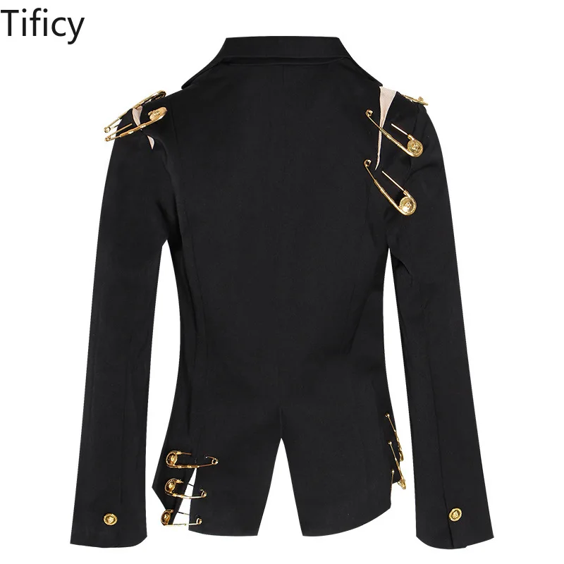 TIFICY Big Pin Embellished Blazer Women\'s Spring 2024 New Fashion Mesh Stitched Long Sleeve Slim Slim Jacket Wholesale