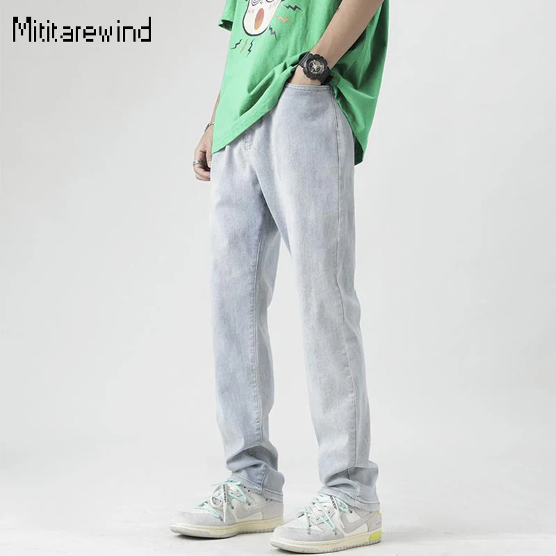 

Spring Fall Men Jeans American Daily Casual Denim Pant Elastic Waist Stretch Straight Light Blue Jeans Simple Versatile Trousers