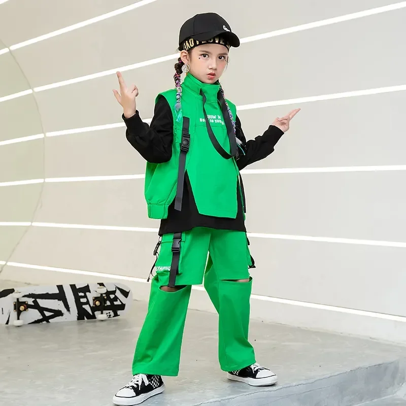 Tactical Cargo Pants Girl Boy Jazz Dance Costume Clothes wear Kids Festival Hip Hop dancing Clothing Sweatshirt High Neck Vest