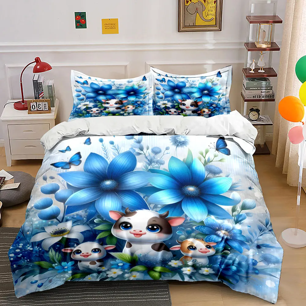 

Cute cows and butterflies in blue flowers Print Soft Comfortable Duvet Cover Bedding Set Included 1*Duvet Cover 2*Pillowcases
