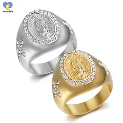 Stylish High Quality No Rusted Stainless Steel Hip Hop Virgin Mary Ring for Men Punk Rings Rhinestones Design Jewelry