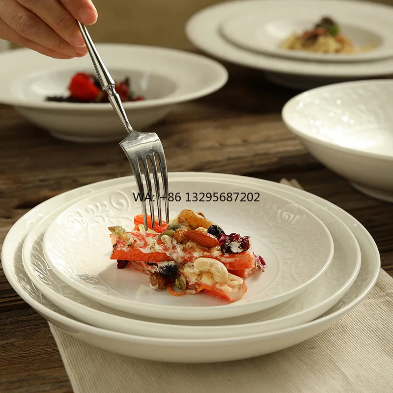 

Embossed Senior Sense of Dim Sum Hotel Tableware French Plate Ceramic Western Deep Dish Soup Plate