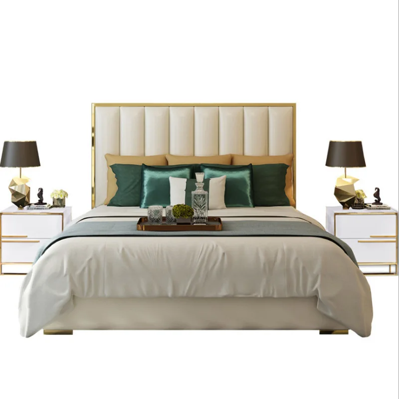 American leather bed Modern light luxury bed 1.8 meters Master bedroom double bed Hong Kong Nordic leather bed Italian style