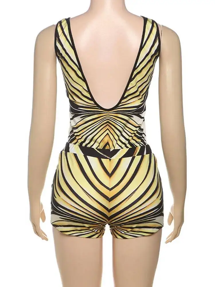 ลายผู้หญิง 2 ชิ้นชุดSportyสบายๆยืดVคอBackless Tank Tops + กางเกงขาสั้นการจับคู่Streetwear HipsterชุดLV6L