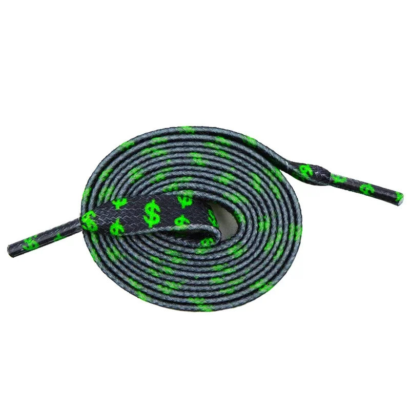 Coolstring 8MM Flat Canvas Polyester Cotton Laces Black-Green Dollar Heat Transfer Printing Pattern Top Ropes Men Sneaker Cords