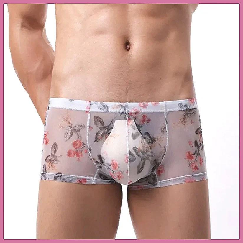 

Men's Transparent Mesh Underwear Sheer Boxer Shorts with U-Pouch Printed Design Ultra Thin S-XL