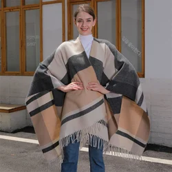 Tassel Cashmere Poncho Slit Shawl Autumn And Winter Scarf Women's Pashmina Simple Checkered Jacquard Scarf Cape Stole Blanket