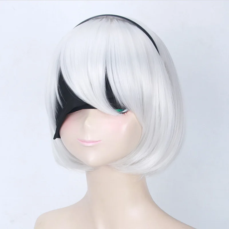 Tsuki nier automata 2b feminino chumbo peruca cosplay prateado branco gradiente franja sintética curta reta peruca anime bonito menina peruca