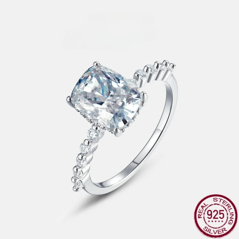 

New S925 pure silver simple fat square moissanite inlaid with D-color moissanite atmospheric versatile wedding jewelry