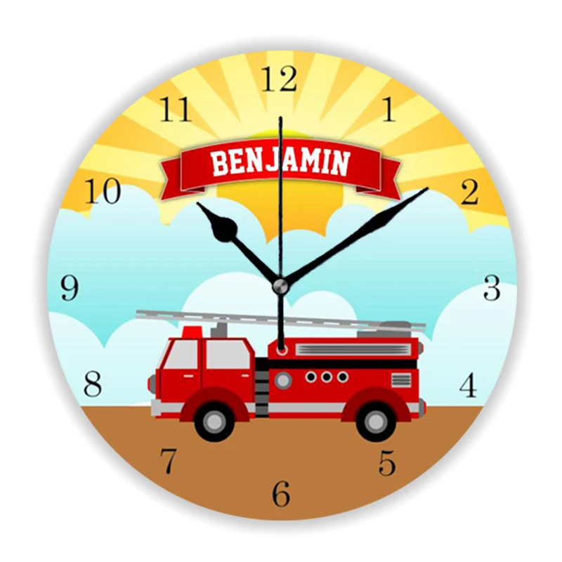 Cute Cartoon Fire Truck Firefighter Personalised Name Big Wall Clock for Boy Bedroom Decor Custom Fire Engine Wall Watch Gift