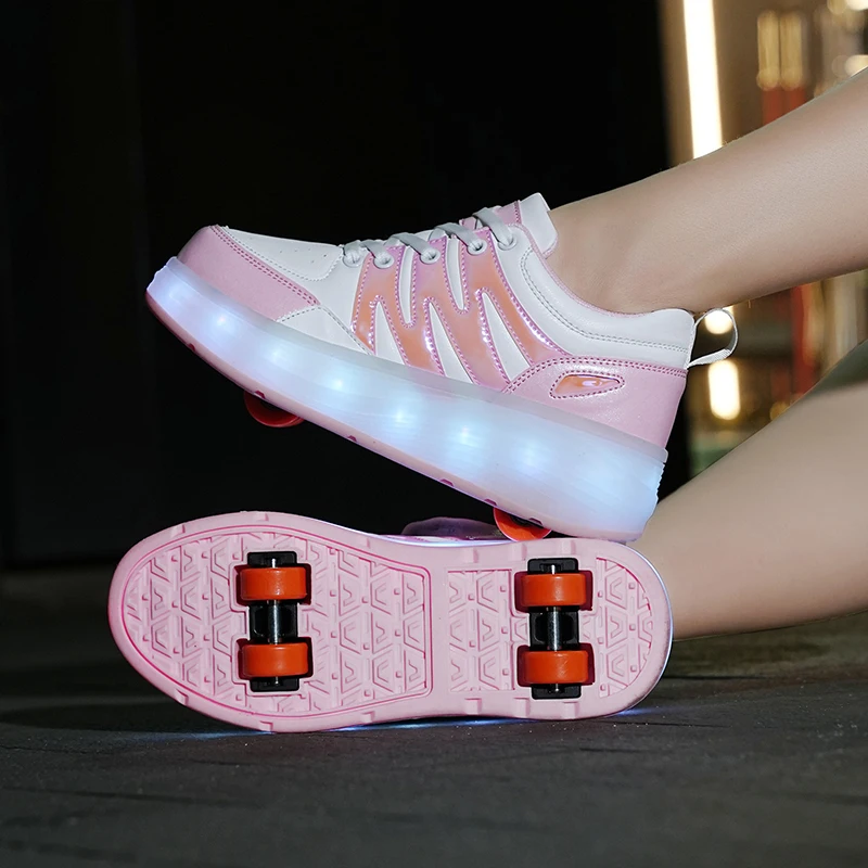 New girls\' luminous walking shoes Roller skates boys\' double wheel invisible skates students can walk with light wheel shoes