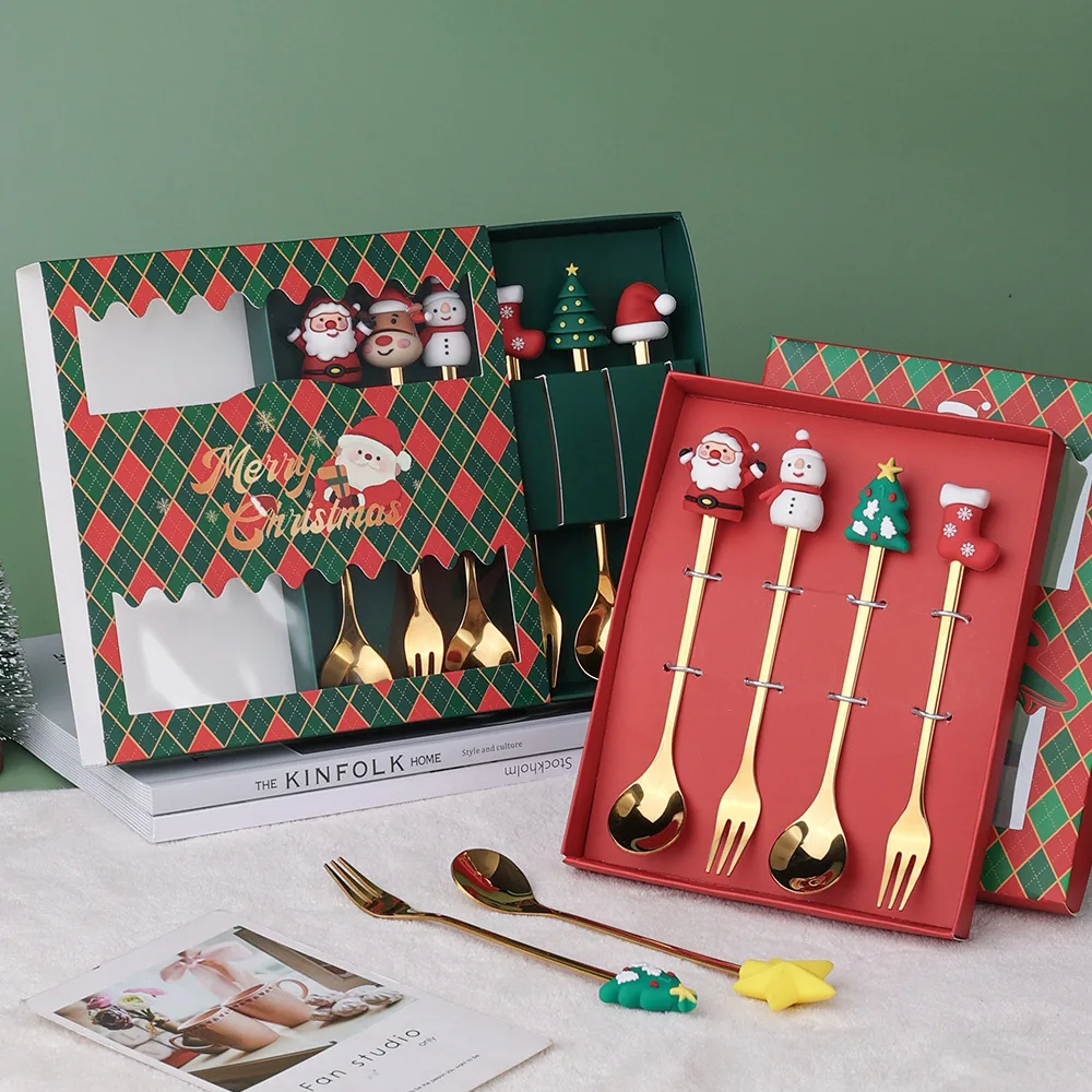 

Cute Christmas Set Coffee Spoon Creative Spoon Fork Christmas Gift Box Tableware Ice Cream Dessert Fork Spoon