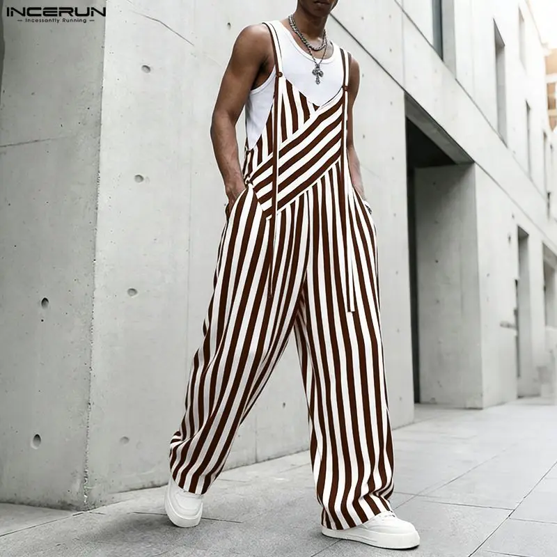 INCERUN Men's Jumpsuits Striped V Neck Sleeveless Straps Rompers For Man Overalls Streetwear Oversize 2026 Fashion Casual Pants view 4