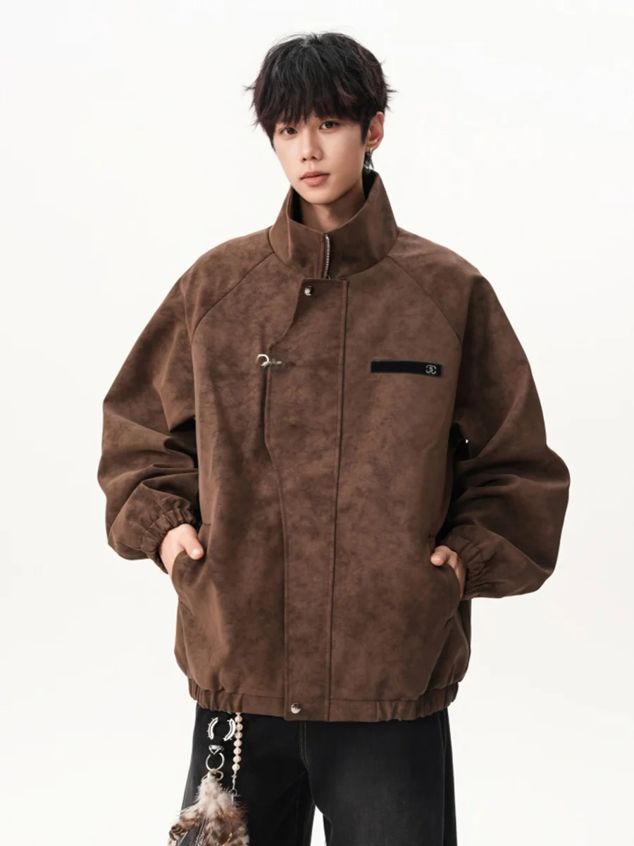 

Американский High Street свободного покроя мотоциклетная куртка из искусственной кожи для мужчин осень-зима модное брендовое кожаное пальто с воротником-стойкой