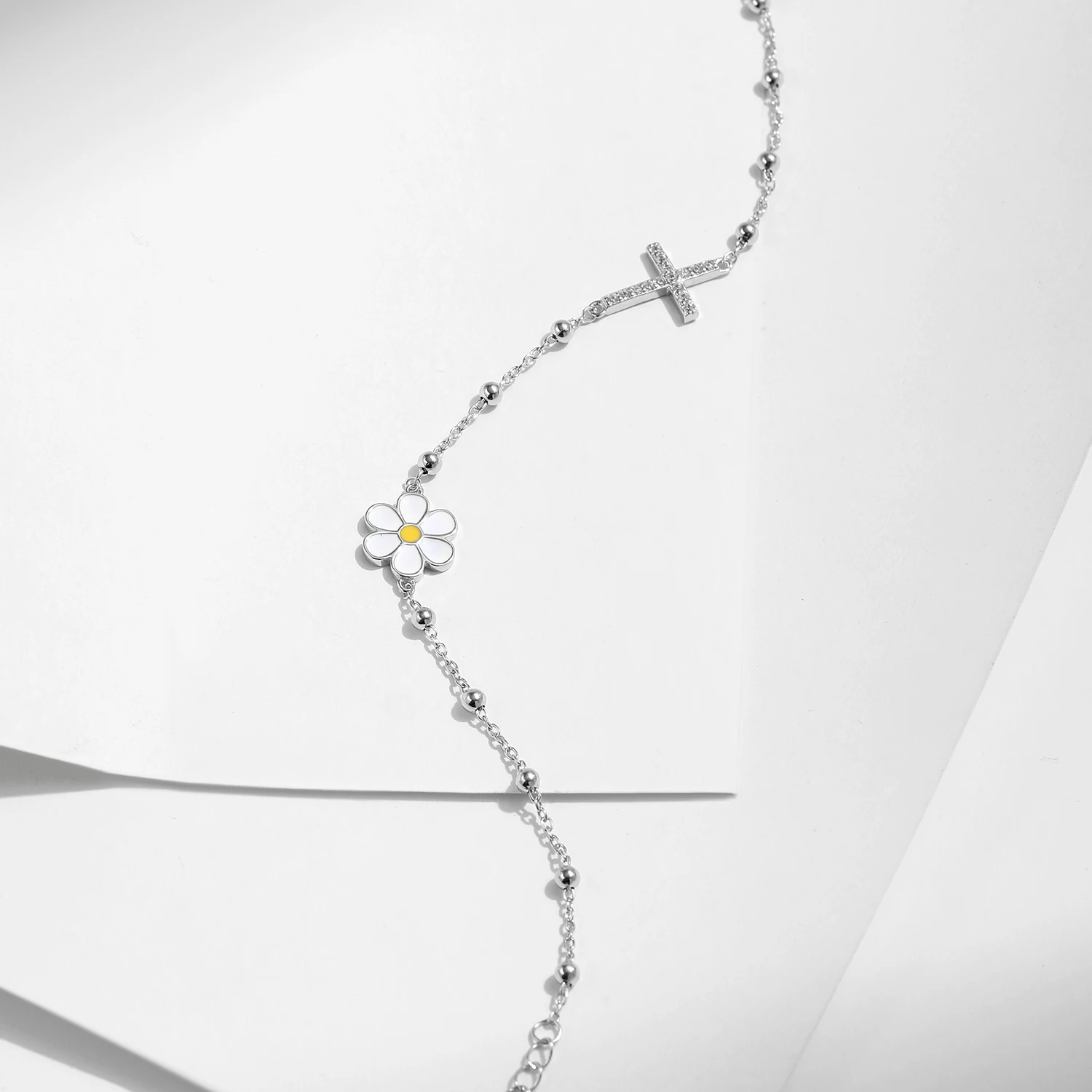 MODIAN Enamel Daisy Bracelet 925 Sterling Silver Charm Cross & Flower CZ Beads Delicate Bracelets For Women Fine Jewelry