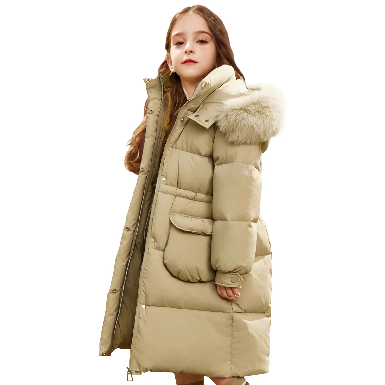 

Girls Thicken Warm Winter Coat Kids Long Sleeve Down Jacket with Fur Hood Big Pockets Children's Parka Puffer Overcoat Outwear