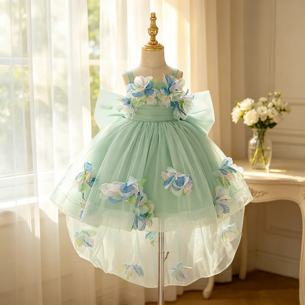 Kids Mesh Embroidered Elegant Dress Suitable For Birthday Parties Evening Parties Performances Weddings Baptisms Ceremonies